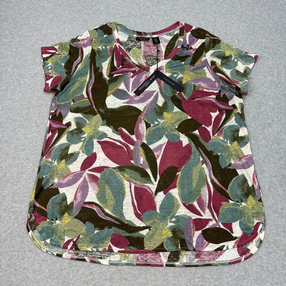 Tahari 100% Linen T-Shirt WMNS 1X Multicolor Floral V-Neck Pullover Short Sleeve - Picture 2 of 6